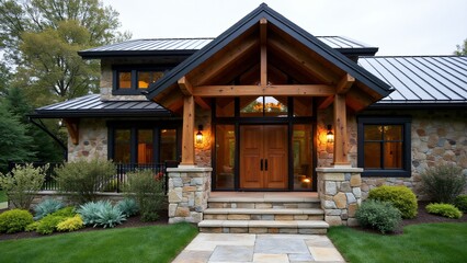 Fototapeta premium Rustic-modern façade with stone walls, glass windows, timber beams, matte metal roof, wooden door, iron hardware, stone steps, native plants, and lantern lighting for balanced charm.