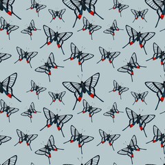 Seamless pattern of different butterfly. Hand-drawn vector insects, isolated on beige background. Spring season concept, Easter, nature.