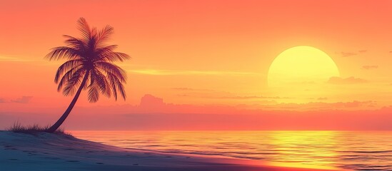 Serene Sunset on Tropical Beach: Palm Tree Silhouette at Golden Hour