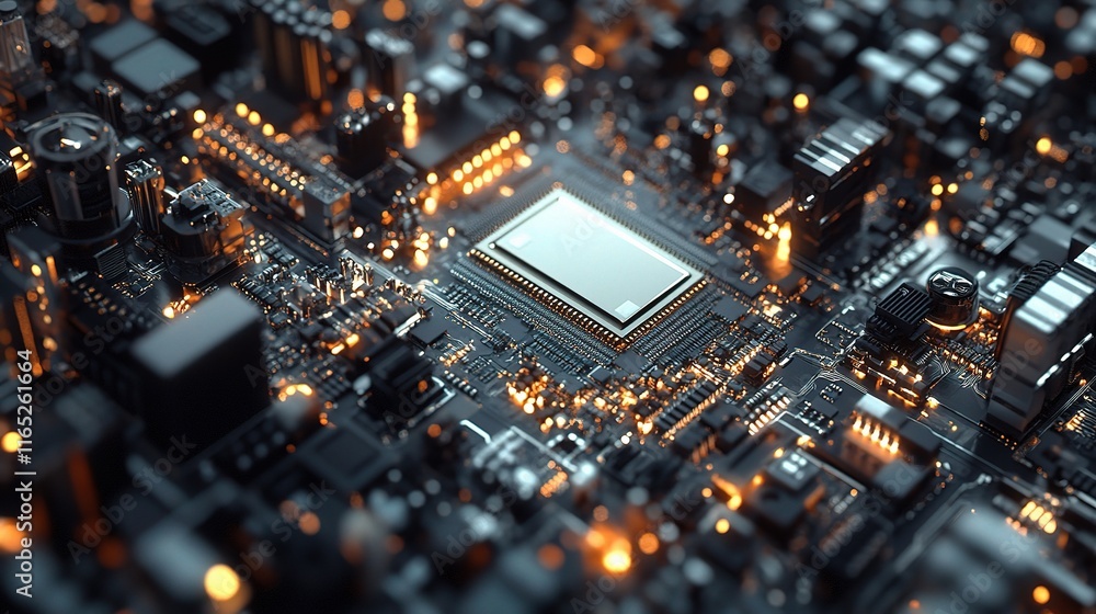 Poster detailed view of microprocessor and electronic components in factory
