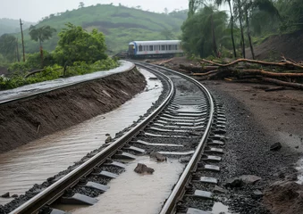 Gordijnen Weather impacts by storm. Infrastructure damage. Railway tracks curve through lush greenery and puddles after rain. © Happy Photo Stock