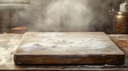 Wooden Cutting Board Covered In Flour Dust
