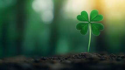 Vibrant Green Four Leaf Clover Emerging From Rich Dark Soil