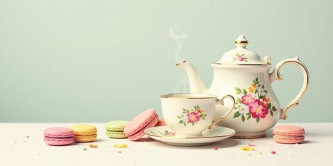 A delightful tea party scene with floral teapot and teacup, accompanied by pastel macarons