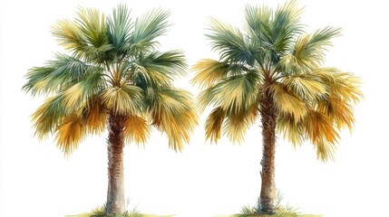 Fototapeta premium Two vibrant palm trees on white background.