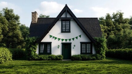 Charming cottage with greenery and decorations in a serene landscape