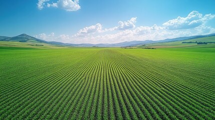 Fototapeta premium Aerial view of vibrant green agricultural field with rows of crops under a bright sunny sky and distant mountains.