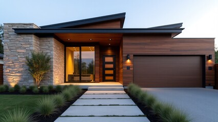 Fototapeta premium Minimalist façade combining stacked stone and wood slats, flat roofline, black-framed windows, concrete pathway, drought-resistant plants, and recessed lighting for modern elegance.