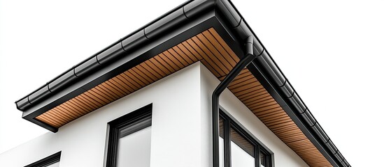 Modern House Exterior: Black Gutters and Wooden Soffit