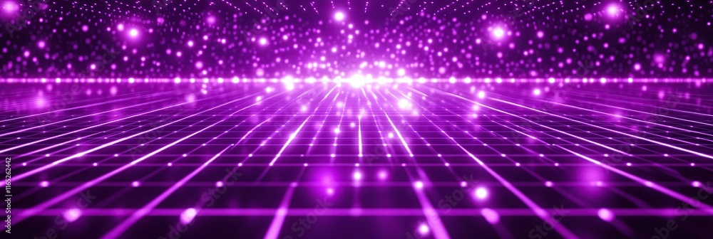 Poster a background of glowing purple light rays on the top and bottom with a grid pattern. a shiny, modern