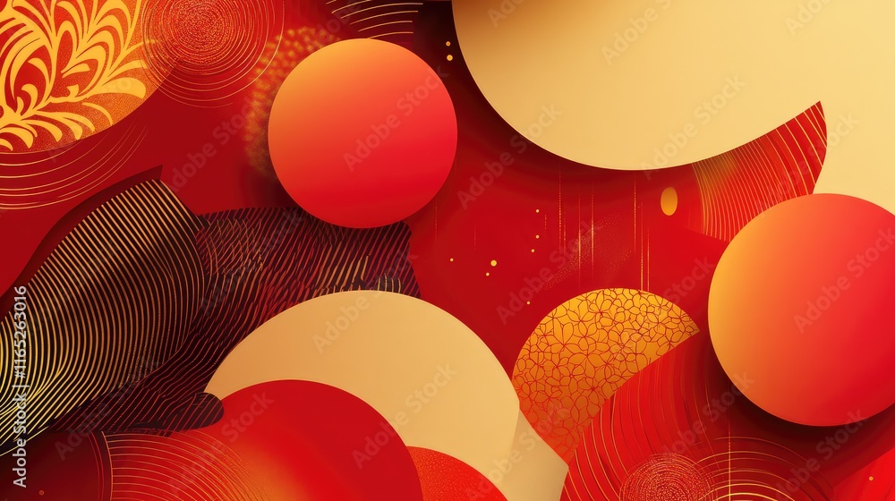 Poster geometric abstract spring festival design with overlapping red and gold shapes, representing the uni