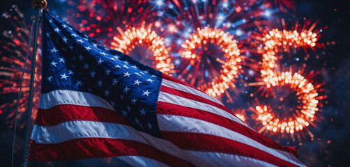 Patriotic American Flag with Grain Texture, Fireworks Display Forming "2025," New Year and Independence Day Celebration Scene, Close-Up