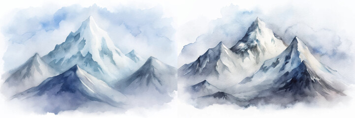 Majestic watercolor mountains surrounded by mist, showcasing a serene and captivating natural landscape.