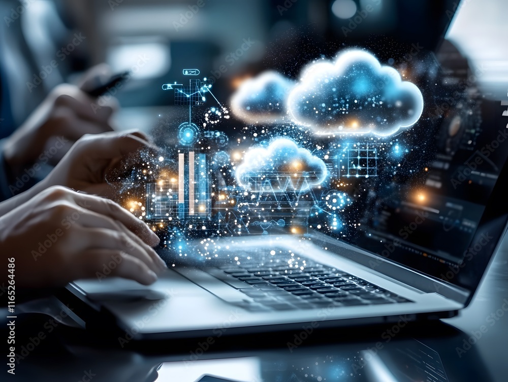 Aufkleber hands typing on a laptop with futuristic holographic cloud computing and data analytics visuals
