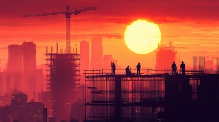 Silhouette of Workers at Construction Site During Sunset