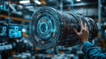 Engineer holding a detailed digital blueprint of a jet engine, modern and technical