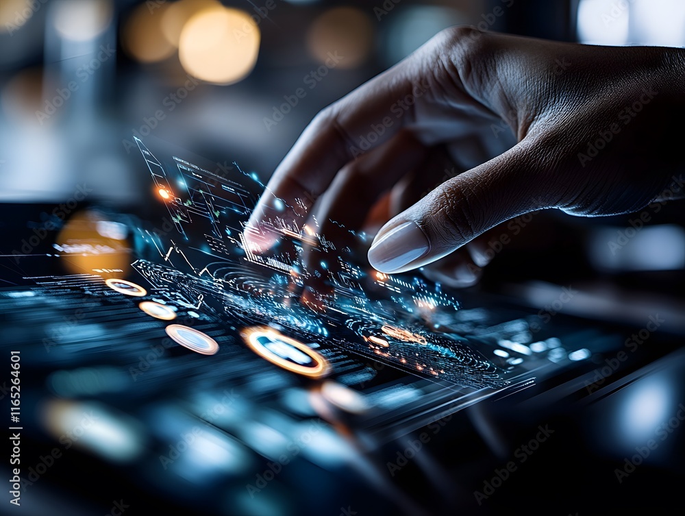 Poster close-up of hand interacting with futuristic holographic data on a touchscreen device