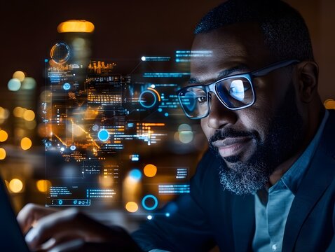 Man analyzing holographic data with futuristic interface against an urban nightscape background - Powered by Adobe