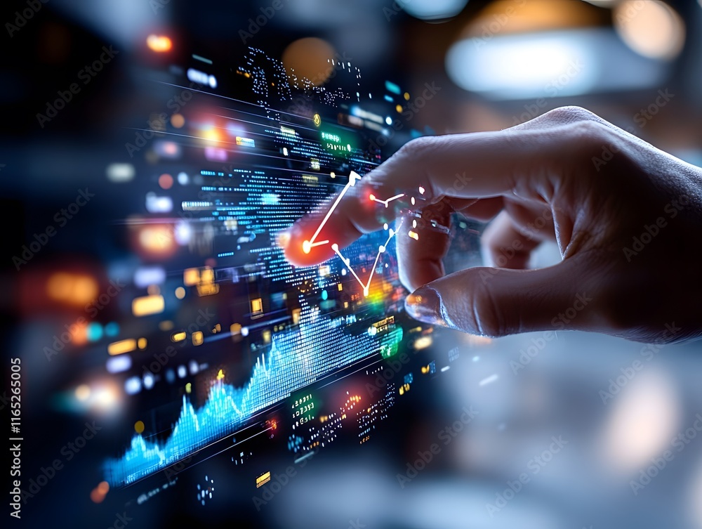 Poster close-up of a hand interacting with financial charts and data on a futuristic holographic interface