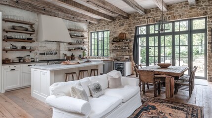 Rustic kitchen and dining area with stone walls, wooden beams, white cabinetry, and comfortable seating.