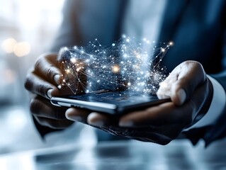 Close-up of hands holding a smartphone with glowing holographic network and data visualization