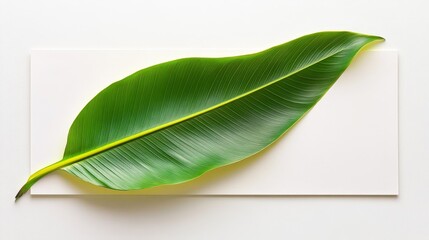 Obraz premium A large green leaf placed on a white background, showcasing its natural beauty.
