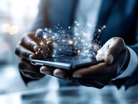 Close-up of hands holding a smartphone with glowing holographic network and data visualization