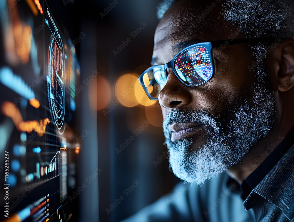 Poster focused man analyzing futuristic data visuals reflected in his glasses on a high-tech interface