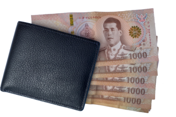 Currency and Wallet with Thai Banknotes Displayed
