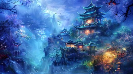 Art prints chinese temple fantasy background