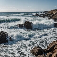 A panoramic view of a rocky beach as waves crash dramatically, creating intricate water patterns on a white background.