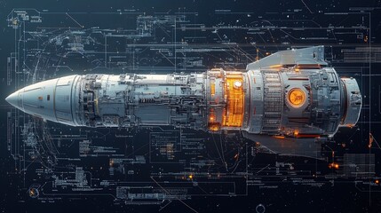 Digital schematic of a futuristic satellite with labeled parts, complex engineering design