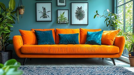 Orange sofa in teal room with plants & art.