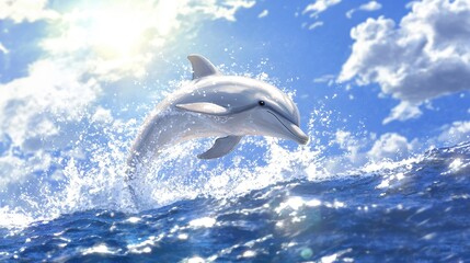 Dolphin Leaping Through Ocean Waves Under Bright Sky