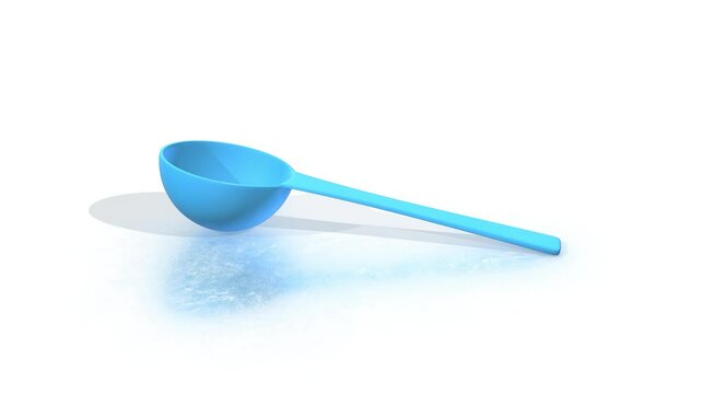 Plastic Scoop Spoon on a White Reflective Floor. Measuring Spoon 3D Animation. 4K