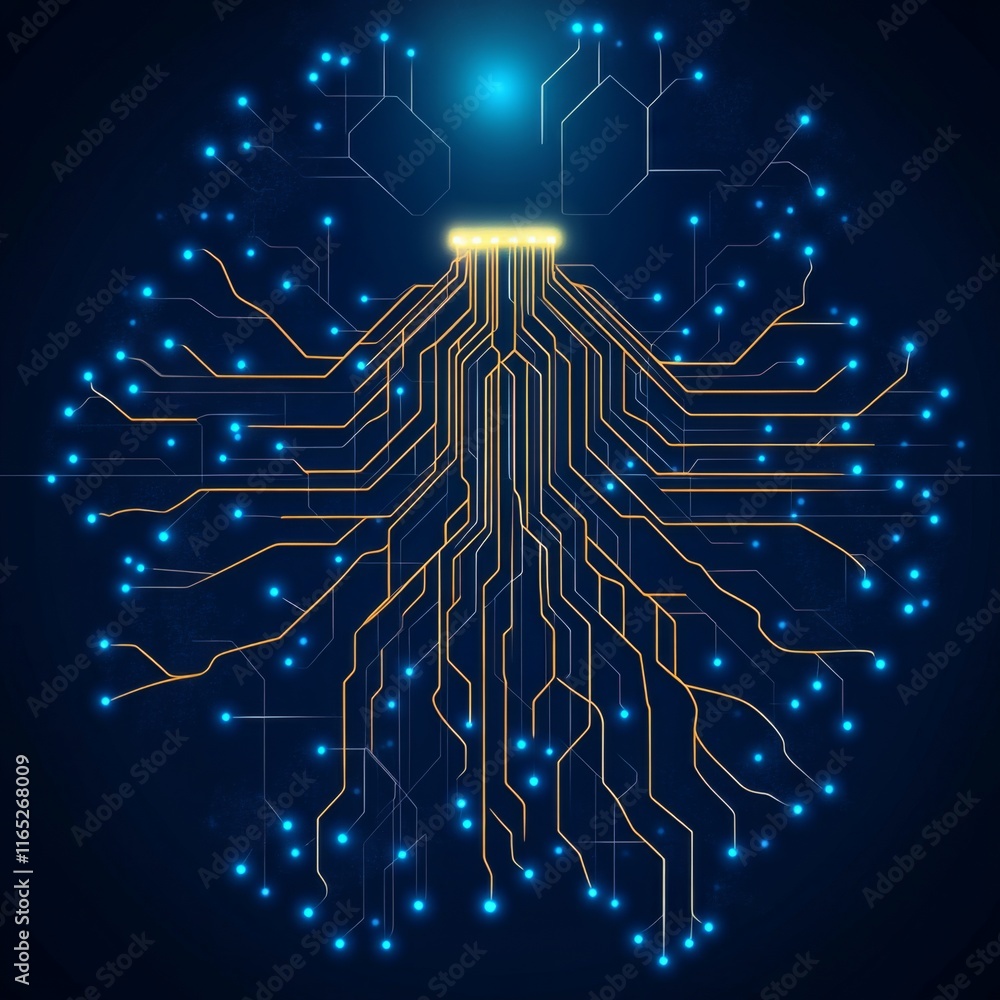 Poster abstract circuit board design with glowing nodes.