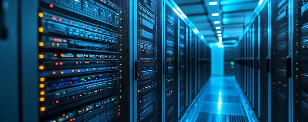 Working server racks with blinking lights inside a modern datacenter