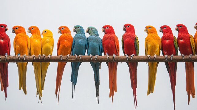 Colorful Parrots Perched on a Branch Against a Light Gray Background