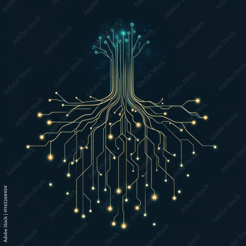 Aufkleber abstract glowing circuit tree with roots and branches.