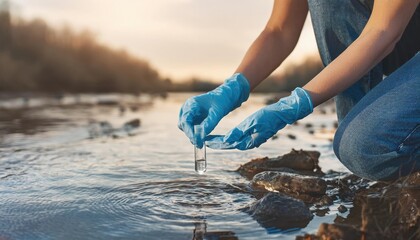  Close-up of a gloved hand collecting a water sample from a river. A scientist collecting water samples from natural environment for analysis
