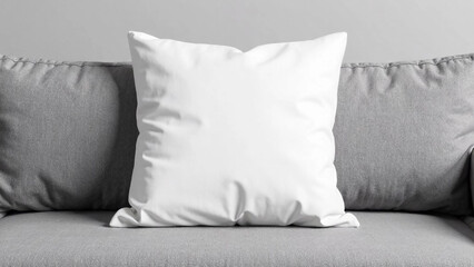 White blank pillow mockup on the grey sofa near the window