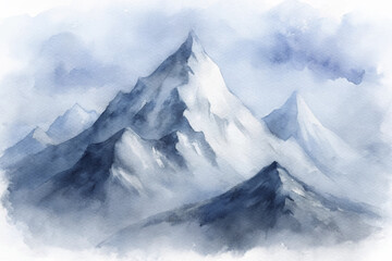 Enchanting watercolor mountains with soft textures and mist, creating a serene and tranquil scene.