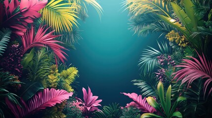 Naklejka premium Lush Tropical Jungle Background with Vibrant Greenery and Colorful Foliage