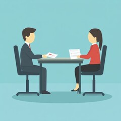 Two people in a business meeting discussing documents at a table.