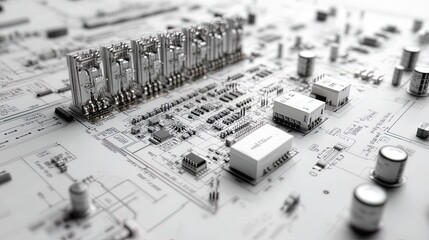 Close-up of a circuit blueprint, intricate connections and technical layout