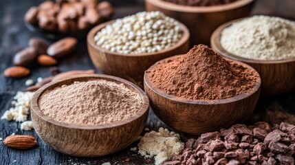 An educational setup showing protein powder alternatives derived from natural plant sources