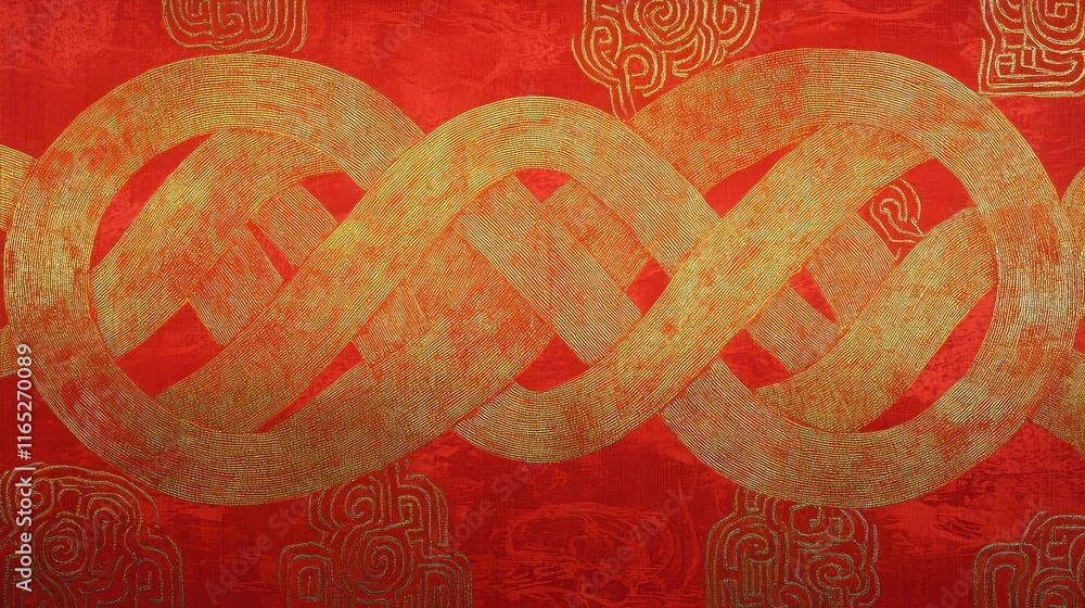 Poster glowing abstract chinese knot design with radiant gold threads woven through fluid red patterns.