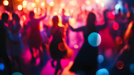 Nightlife Rhythms: A vibrant, blurred motion image capturing the energy and excitement of a dance floor pulsating with color and movement.  The focus is on the feeling of the moment.