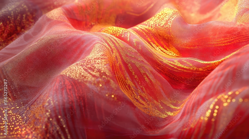 Poster glowing abstract chinese knot design with radiant gold threads woven through fluid red patterns.