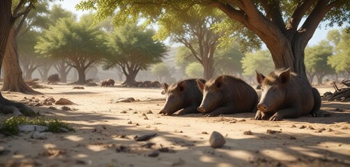 Wild boars resting in the shade of trees on sandy terrain at midday, shade, terrain